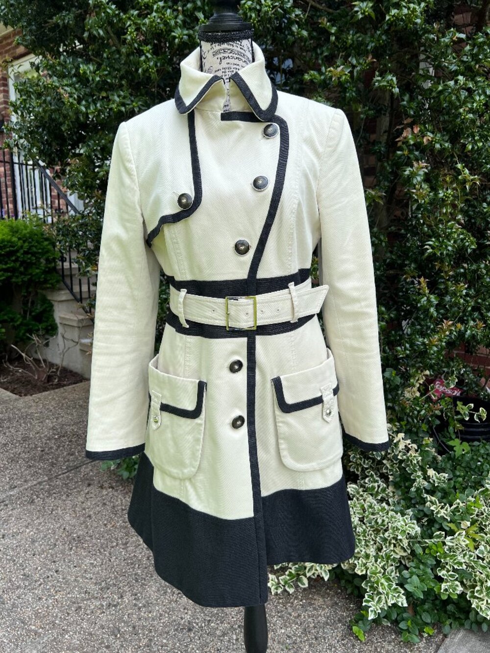 Karen Millen Beige And Black Canvas Trench Coat US8 Fits 6